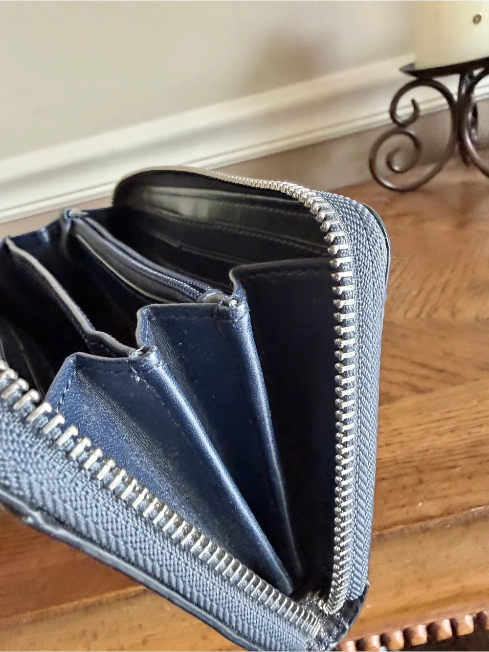 kate spade Lola Dusk Navy Glitter Zip Wallet with silver undertones like new